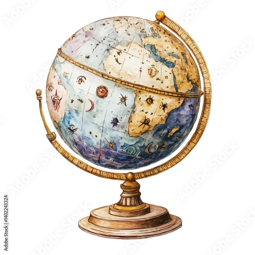 watercolor of Planetarium Globe With Zodiac Symbols, vector, isolated on a white background.