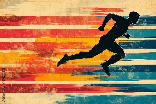Sprinting man  silhouette. Sprint, fast run. Runner starts running. Start. Vintage Striped Backgrounds, Posters, Banner Samples, Retro Colors from the 1970s 1980s, 70s, 80s, 90s. retro, Generative AI