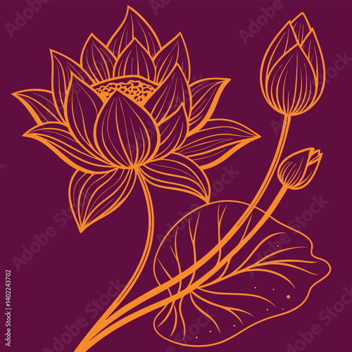 Golden lotus flower line art with detailed petals on dark blue background featuring spiritual zen theme with elegant continuous outline meditation design