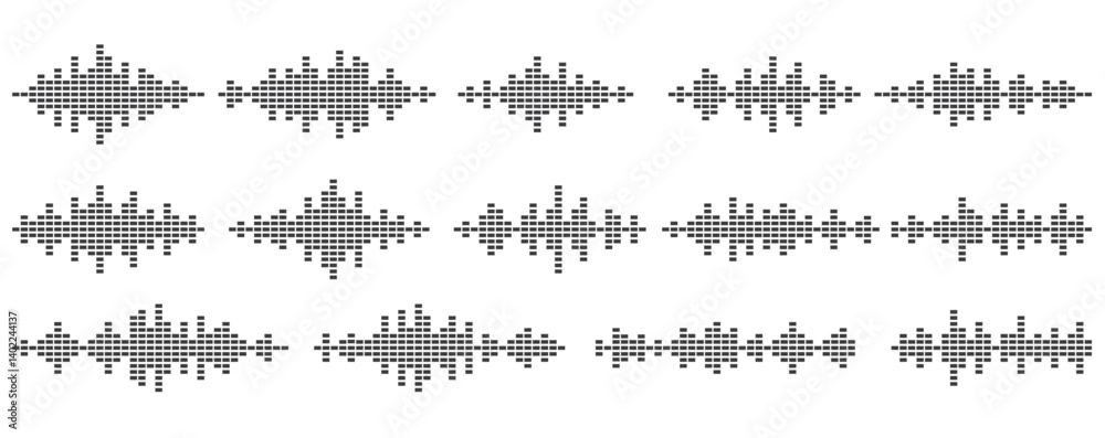 Obraz premium Sound voice waves. Musical audio equalizer wave impulse. Set of monochronic sound audio oscillations.
