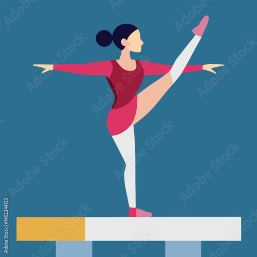 Gymnast performing an elegant balance pose on a beam in vector art 