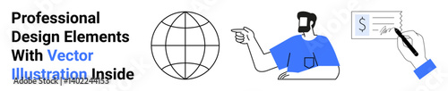 Globe, man pointing, hand writing on paper. Ideal for education, business, global communication, networking, finance, teamwork flat landing page banner