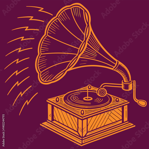 Golden vintage gramophone with sound waves on dark burgundy background featuring musical nostalgia theme with elegant continuous outline retro design