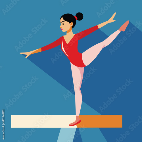 Gymnast performing an elegant balance pose on a beam in vector art 