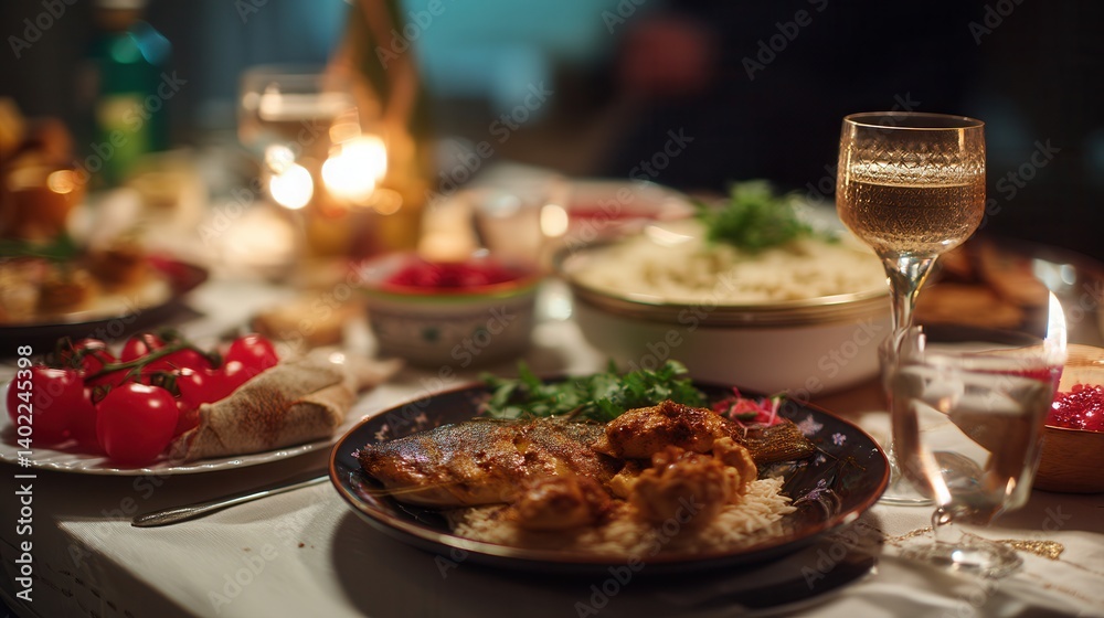 Elegant dinner setting with roasted chicken, wine, and vegetables creating a cozy, warm ambiance. Elegant dinner setting with roasted chicken, wine, and vegetables creating a cozy, warm ambiance.