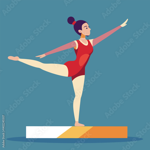 Gymnast performing an elegant balance pose on a beam in vector art 