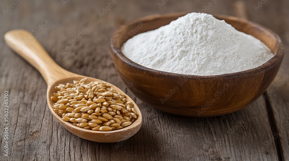 Bowl of flour and spoon of grains on rustic wooden table, showcasing natural ingredients for cooking