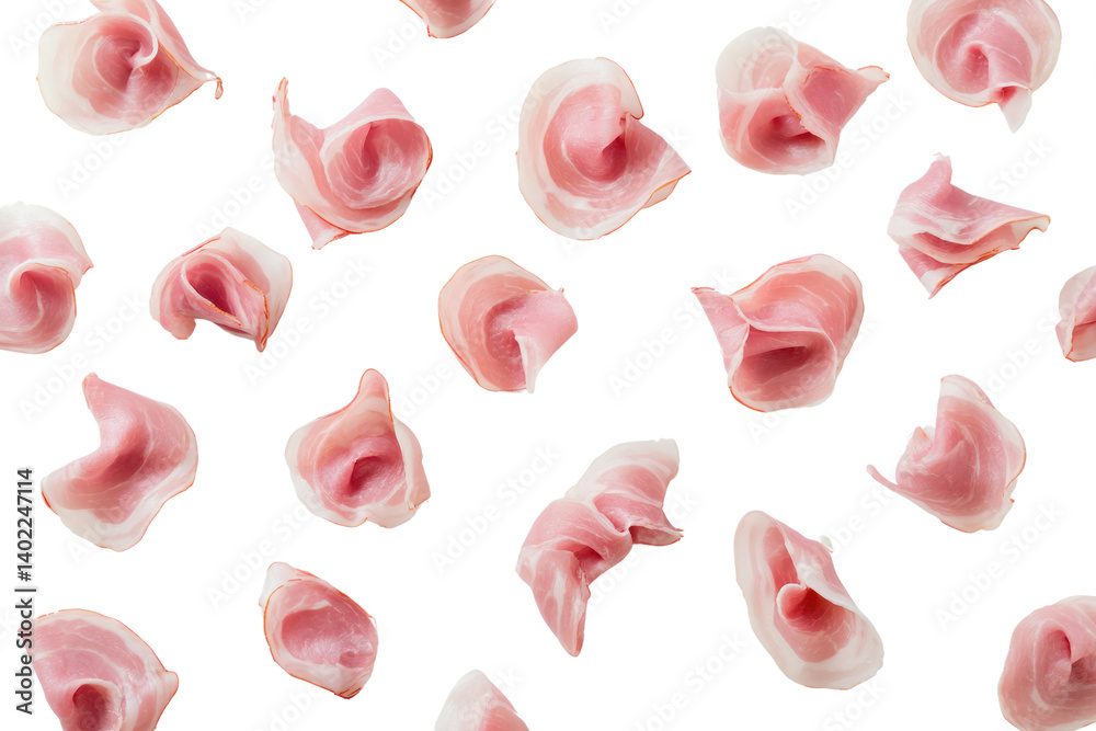Delectable Delicate Delights: A vibrant collection of thinly sliced, savory prosciutto, delicately arranged in a visually appealing composition, a culinary artistry. Delectable Delicate Delights: A vibrant collection of thinly sliced, savory prosciutto, delicately arranged in a visually appealing composition, a culinary artistry.