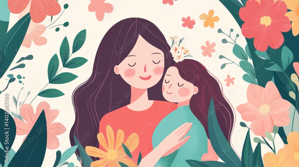 A heartwarming illustration captures the essence of Mother's Day. Beautiful flowers. A heartwarming illustration captures the essence of Mother's Day. Beautiful flowers.