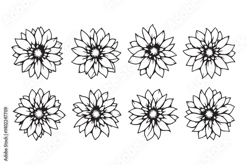 Set of 6 pec in two row  Dahlia black line art on white background