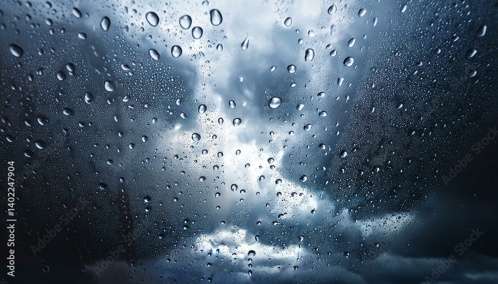 Obraz premium Close-up of raindrops on glass with dark stormy clouds in the background.