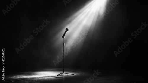 Dramatic black and white image of a lone microphone under a spotlight on an empty stage.