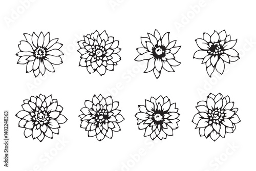 Set of 6 pec in two row  Dahlia black line art on white background