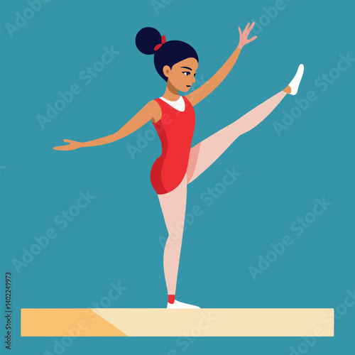 Gymnast performing an elegant balance pose on a beam in vector art 