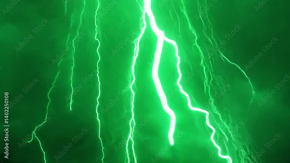Zoom out video of a majestic clash of emerald and lime lightning bolts interacting fiercely, electric energy spreading across a vibrant sky, with subtle glows and electric arcs