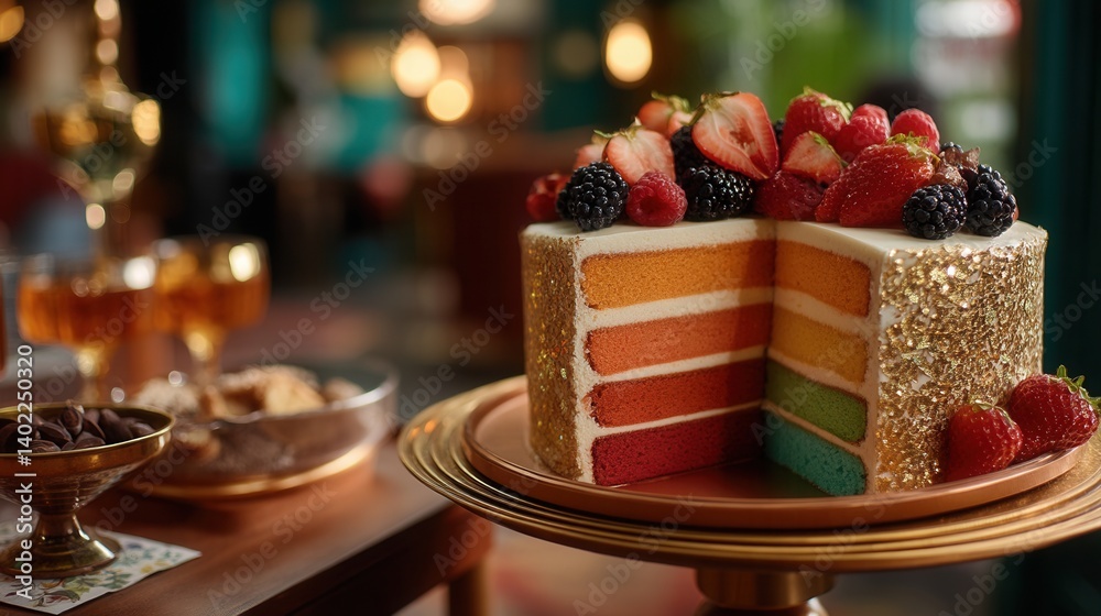 Elegant colorful layered cake topped with fresh berries in upscale restaurant Elegant colorful layered cake topped with fresh berries in upscale restaurant