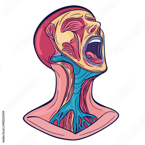 Detailed Anatomy Illustration of a Screaming Head with Vibrant Color Palette