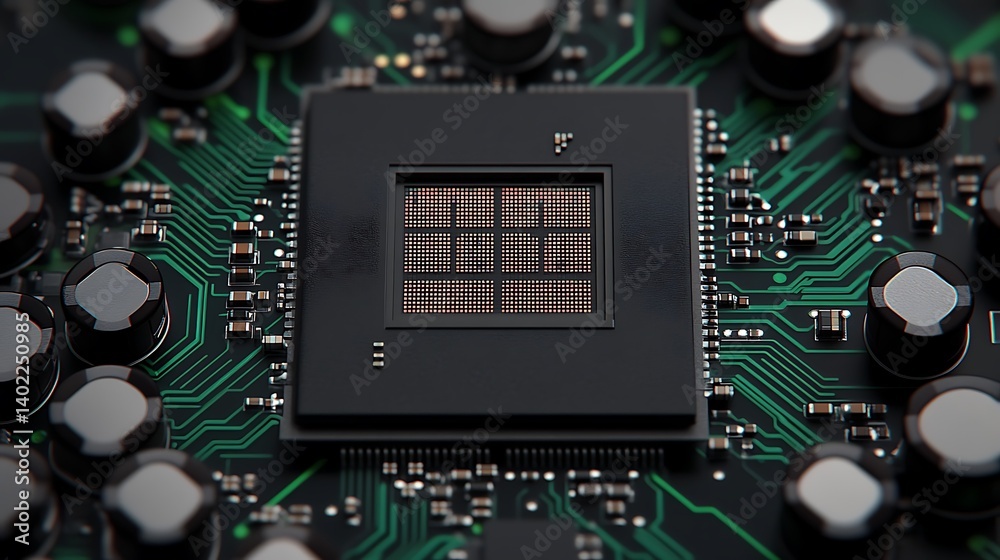 Fototapeta premium Close-up of a microprocessor on a circuit board, showcasing intricate details and electrical components