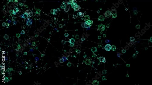 Dynamic network visualization of abstract green and blue spheres in motion