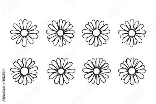 Set of 6 pec in two row  Daisy black line art on white background