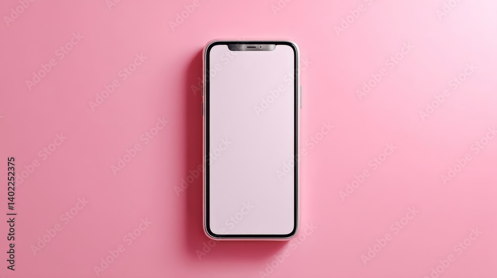 Modern smartphone with blank screen on pink background, top view flat lay style. Modern smartphone with blank screen on pink background, top view flat lay style.