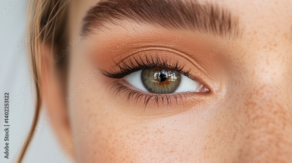 Obraz premium Close-up of a beautiful eye with natural makeup highlighting detail and color at a beauty studio during daylight