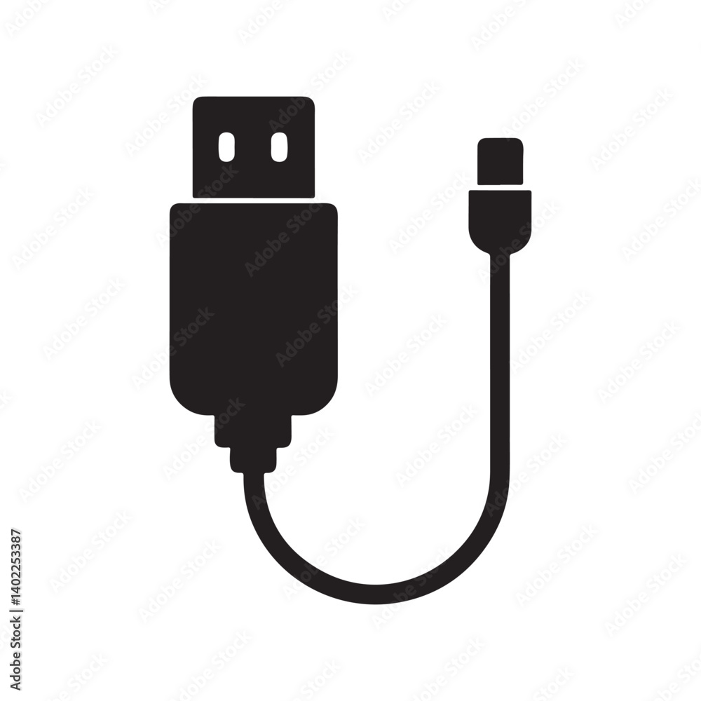 USB Plug Cable Icon Vector in Flat Silhouette Style USB Plug Cable Icon Vector in Flat Silhouette Style