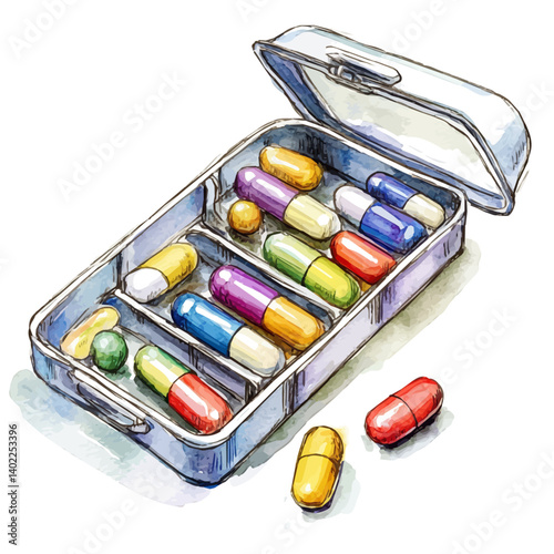 illustration of Pill Organizer With Colored Pills Spilling Out, watercolor vector, isolated on a white background.