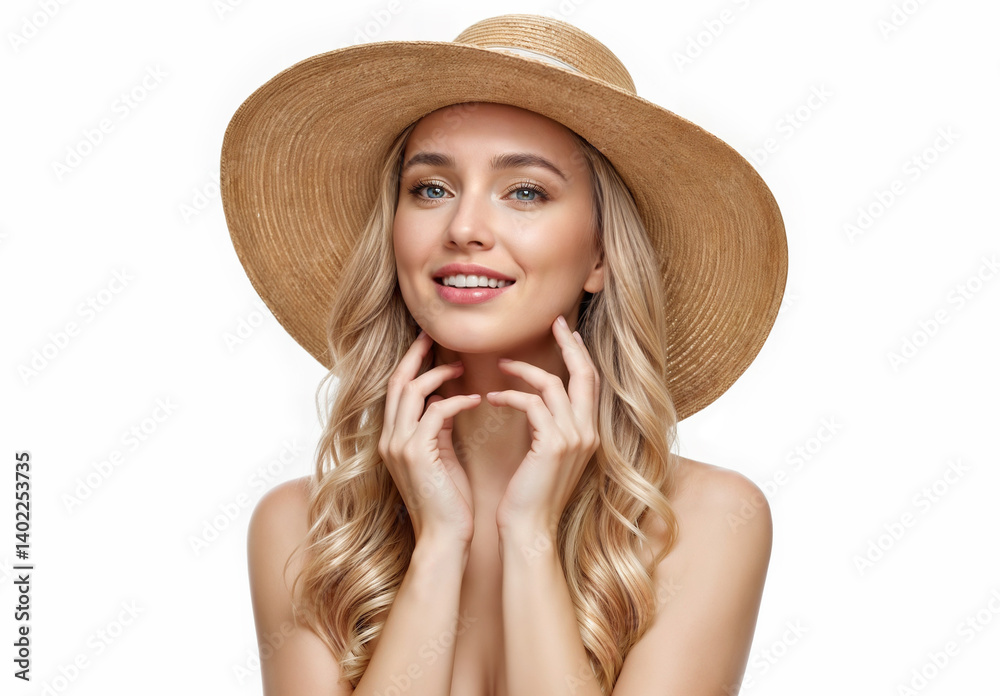 Summer facial skincare concept. A blonde woman in a straw beach hat demonstrating skincare. Mockup with person isolated on simple white background. Summer facial skincare concept. A blonde woman in a straw beach hat demonstrating skincare. Mockup with person isolated on simple white background.