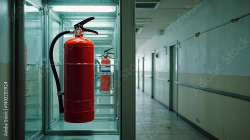 Wallpaper Mural Red fire extinguishers in protective display cases along a hospital hallway as a safety measure, emergency preparedness, and equipment Torontodigital.ca