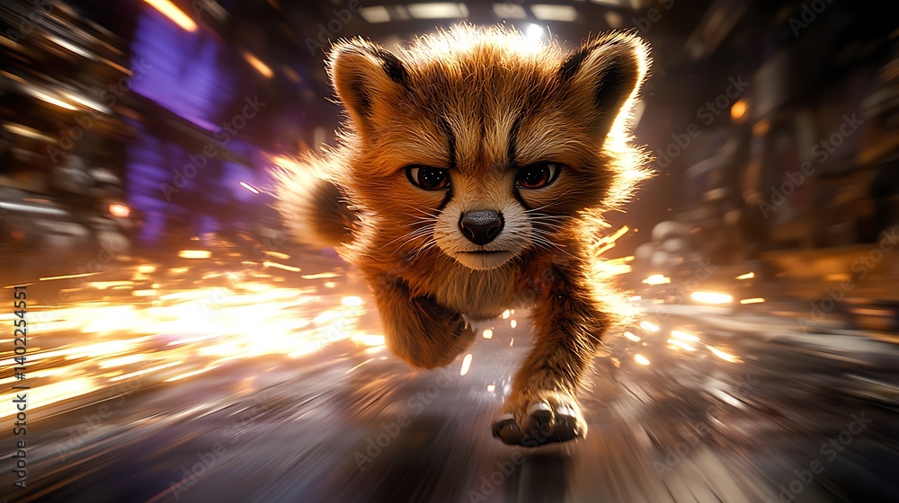 Fototapeta Cheetah Cub Running Through City Street at Night