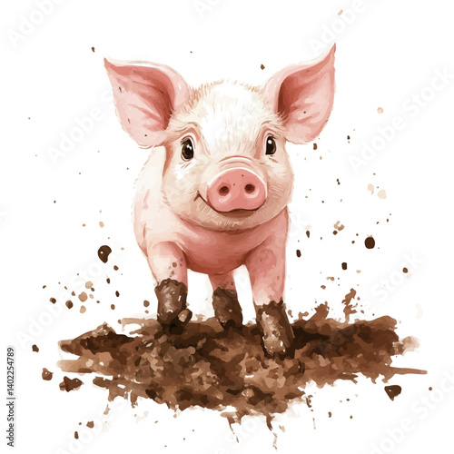 Piglet Playing In The Mud, watercolor vector, isolated on a white background.
