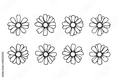 Set of 6 pec in two row  Daisy black line art on white background