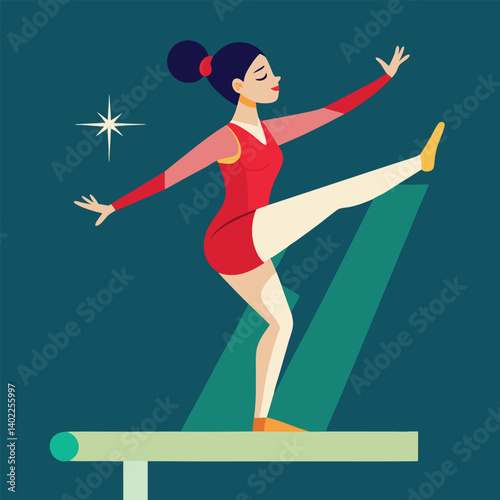 Gymnast performing an elegant balance pose on a beam in vector art 