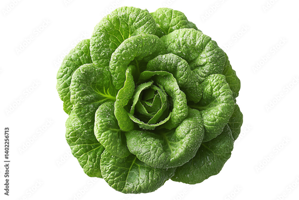 Fototapeta premium Fresh green lettuce leaves with water droplets isolated on a white background. Concept of healthy eating, freshness, and organic food