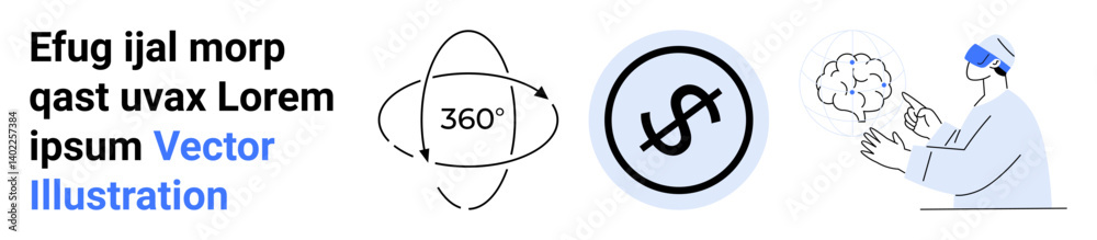 Virtual reality user interacting with brain, finance symbol, 360-degree orbit. Ideal for technology, innovation, finance, education, creativity, future vision simple landing page Virtual reality user interacting with brain, finance symbol, 360-degree orbit. Ideal for technology, innovation, finance, education, creativity, future vision simple landing page