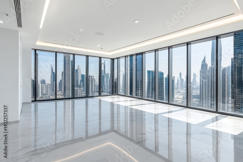 Minimalist empty office space floor to ceiling windows