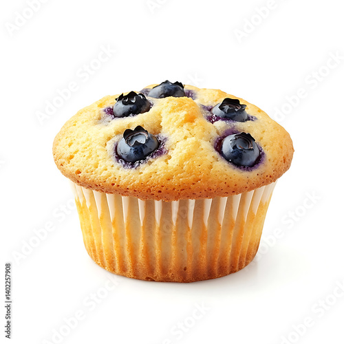 A freshly baked blueberry muffin with a golden brown top, soft crumb, and visible blueberries