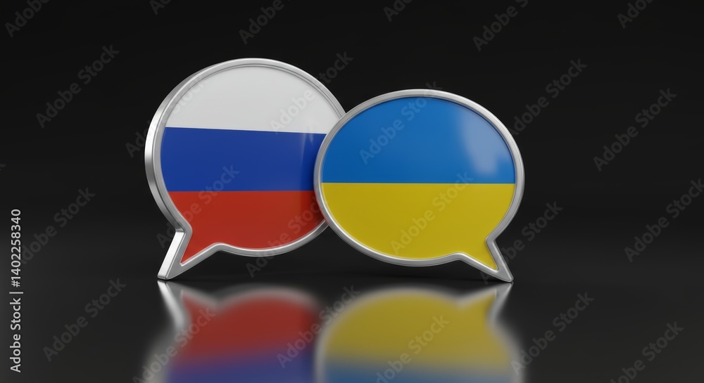 Fototapeta premium Dialogue and diplomacy concept: Russia and Ukraine flags in speech bubbles