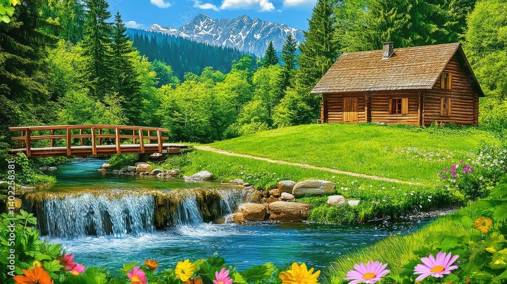 Picturesque mountain chalet nestled beside a babbling brook, lush green forest, and a scenic wooden bridge