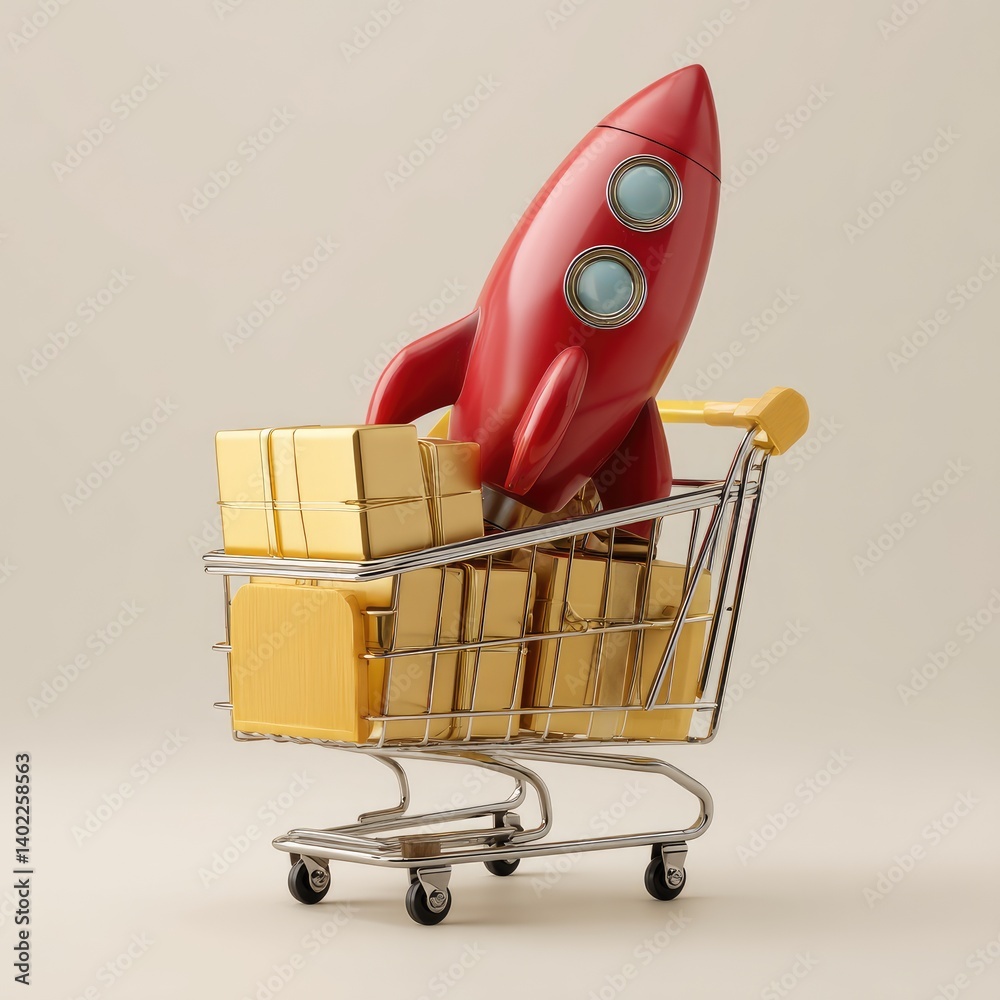 Rocket-Propelled Shopping Cart Full of Gold Packages