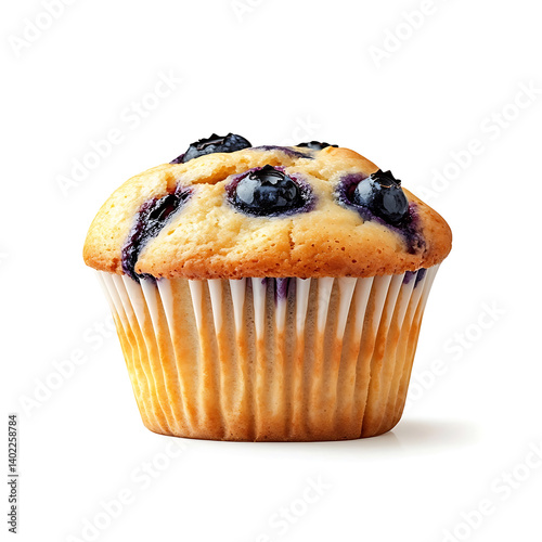 A freshly baked blueberry muffin with golden brown top, soft crumb, and visible blueberries