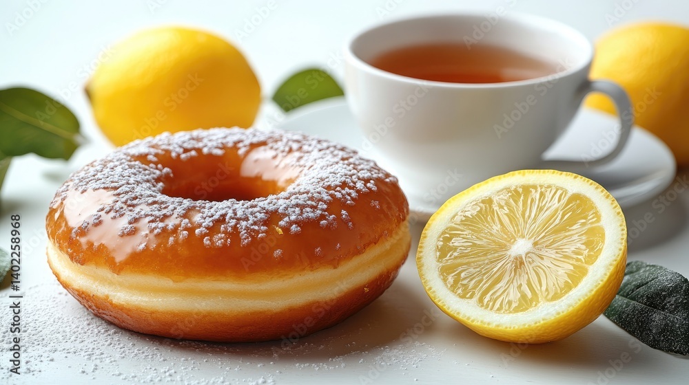 Lemon-glazed donut with tea and lemon slices