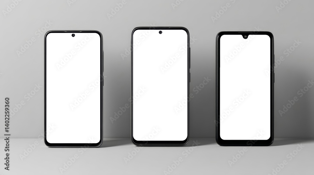 Three modern smartphones with blank screens standing upright on gray surface. Three modern smartphones with blank screens standing upright on gray surface.
