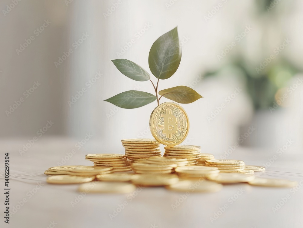Growing cryptocurrency investment. A small plant sprouts from a stack of golden coins, symbolizing digital currency growth