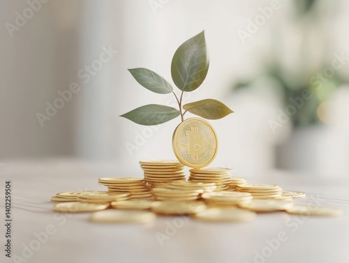 Obraz na płótnie Growing cryptocurrency investment. A small plant sprouts from a stack of golden coins, symbolizing digital currency growth w salonie