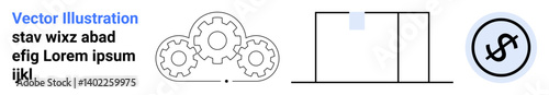 Three interlocking gears, minimal bar chart with trend line, and circular money icon. Ideal for business, finance, automation, productivity, planning, strategy technology simple landing page