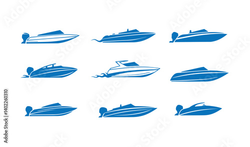 High-quality motorboat silhouettes featuring artistic variations in boat styles and shapes ideal for creative marine-inspired artwork

