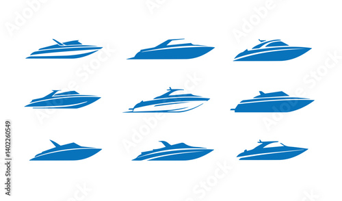 Unique motorboat silhouette collection in modern styles perfect for graphic designers or boating enthusiasts seeking fresh visuals

