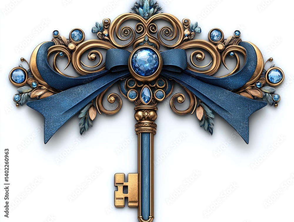 Ornate golden key with sapphire accents and blue ribbon, embellished with decorative swirls and jewels